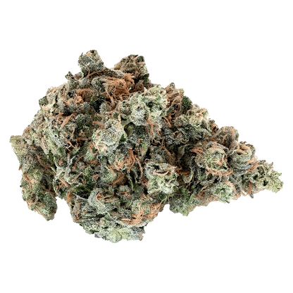Close-up front view of a frosty green and orange cannabis bud labeled "Country Club" showing dense trichomes and curled pistils.