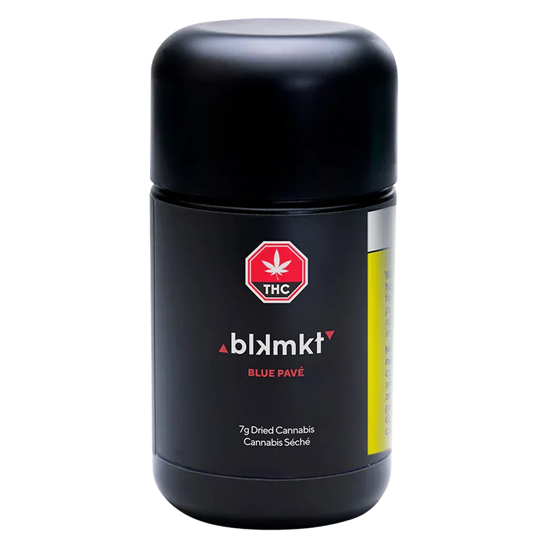 Front-facing shot of the blkmkt Blue Pavé black cylindrical container with its red THC emblem centered on the label.