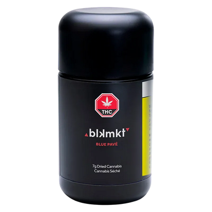 Front-facing shot of the blkmkt Blue Pavé black cylindrical container with its red THC emblem centered on the label.