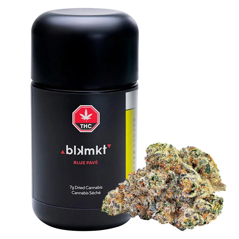 Front-facing shot of the blkmkt Blue Pavé 7g black canister with a pile of frosty cannabis nugs at its base.