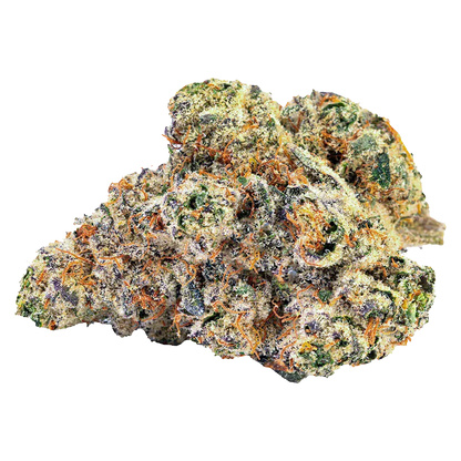 Close-up of the crystalline "Blue Pavé" cannabis bud showing green, purple, and orange hairs against a white background.