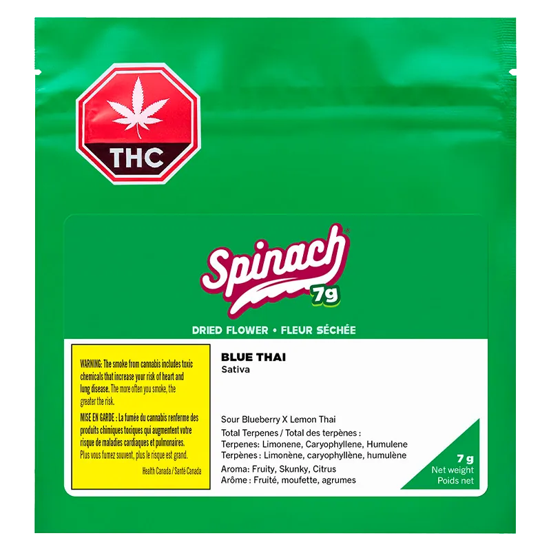 Front-facing image of a bright green Spinach Blue Thai 7g pouch with a red THC stop sign logo and white product label.