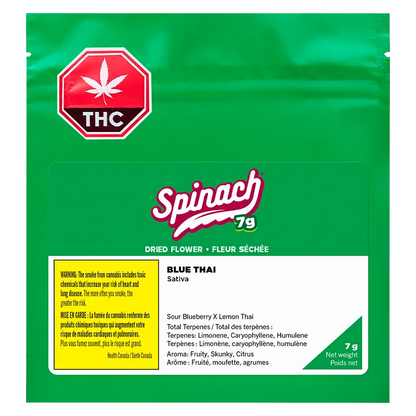 Front-facing image of a bright green Spinach Blue Thai 7g pouch with a red THC stop sign logo and white product label.