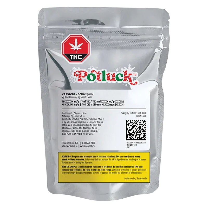 Rear three-quarter view of the silver foil pouch labeled "Potluck Cranberry Cough," showing its resealable top, logo, QR code, and warning panel.