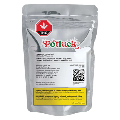 Rear three-quarter view of the silver foil pouch labeled "Potluck Cranberry Cough," showing its resealable top, logo, QR code, and warning panel.