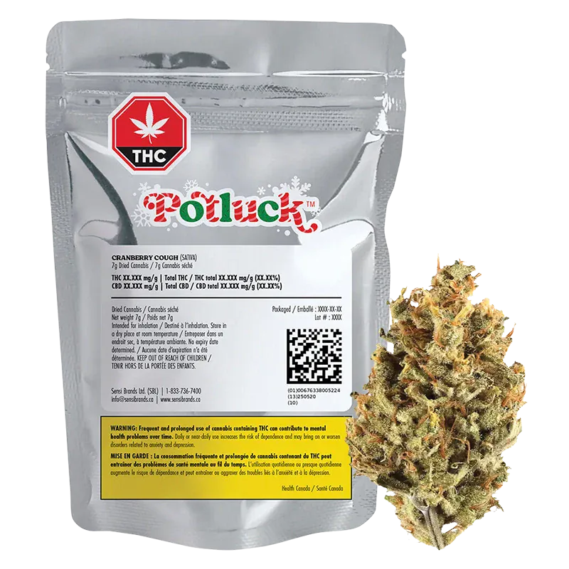 Front-facing silver pouch and loose bud beside it showing the Potluck Cranberry Cough label, warning panel, and a close-up of the green-orange flower.