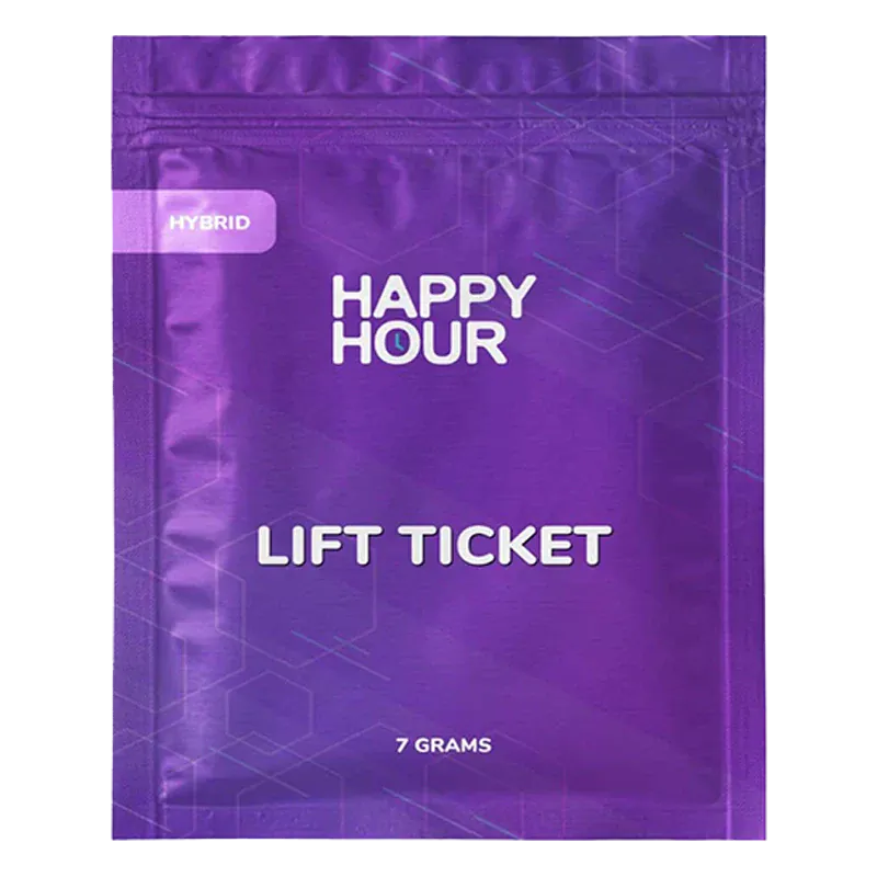 Front-facing shot of the purple Happy Hour Lift Ticket pouch with white logo text and a "Hybrid" tag visible near the top left.
