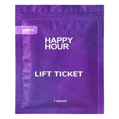 Front-facing shot of the purple Happy Hour Lift Ticket pouch with white logo text and a "Hybrid" tag visible near the top left.
