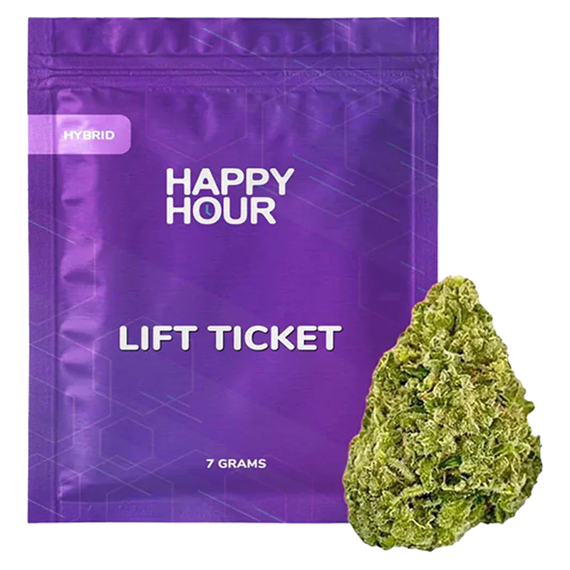 Front view of the purple Happy Hour Lift Ticket package with a green cannabis bud resting at its lower right.