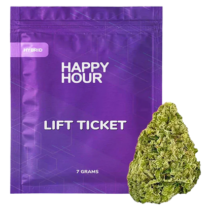 Front view of the purple Happy Hour Lift Ticket package with a green cannabis bud resting at its lower right.