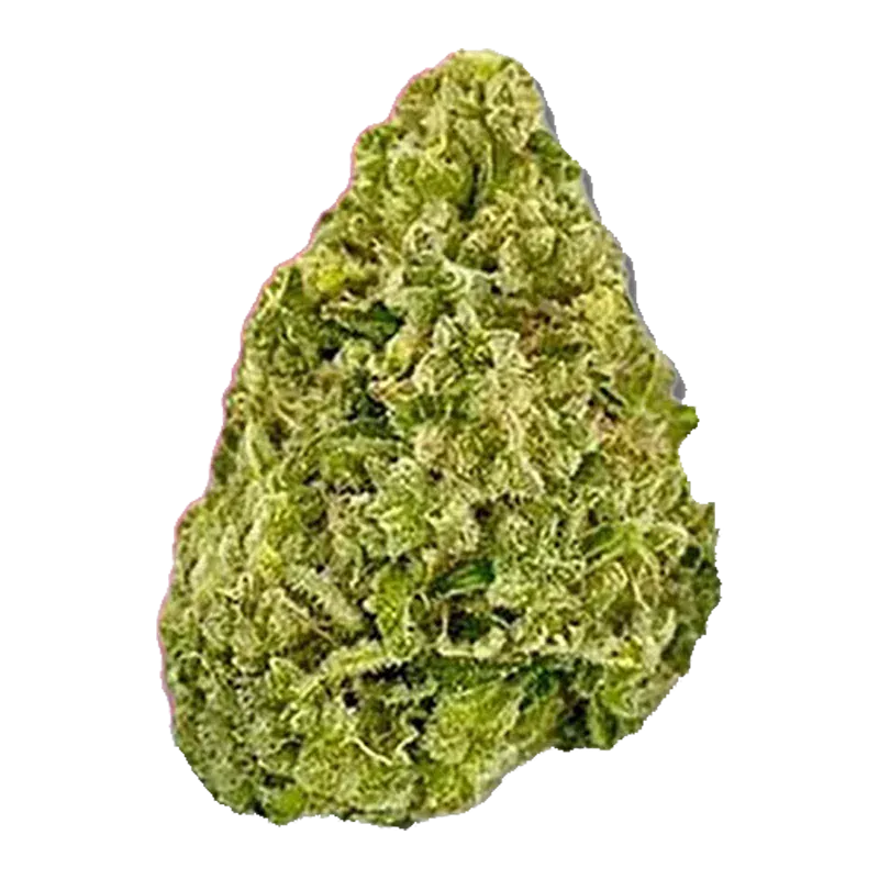 Close-up of a single green, frosty cannabis nugget labeled Lift Ticket centered on a white background.