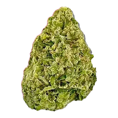 Close-up of a single green, frosty cannabis nugget labeled Lift Ticket centered on a white background.