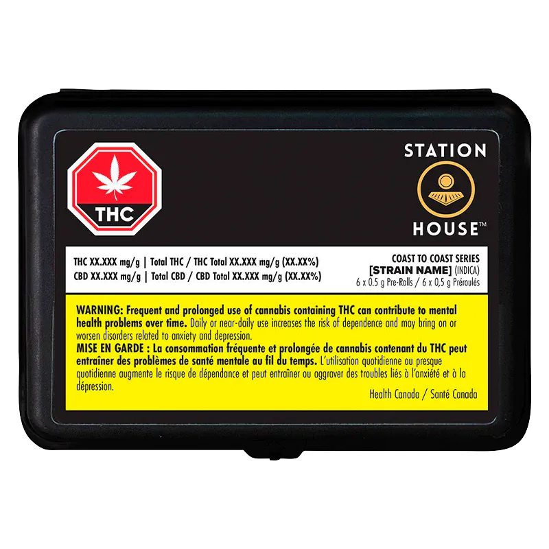 Top-down view of a black tin with a white label and yellow warning strip showing the Coast To Coast Series PR 6 x 0.5 g branding.