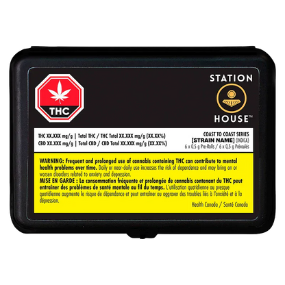 Top-down view of a black tin with a white label and yellow warning strip showing the Coast To Coast Series PR 6 x 0.5 g branding.