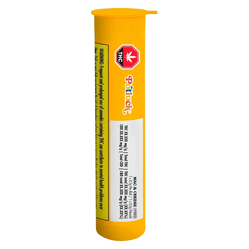 Vertical front view of the yellow Potluck Mac And Cheese PR 1 x 0.5 g tube showing its THC warning icon and white ingredient label.