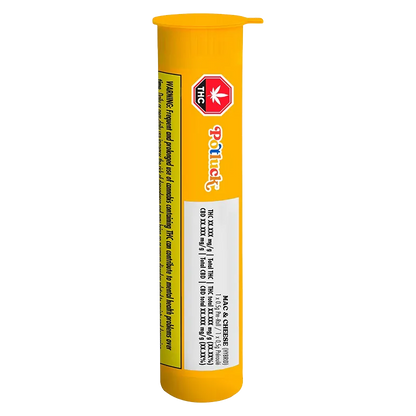 Vertical front view of the yellow Potluck Mac And Cheese PR 1 x 0.5 g tube showing its THC warning icon and white ingredient label.
