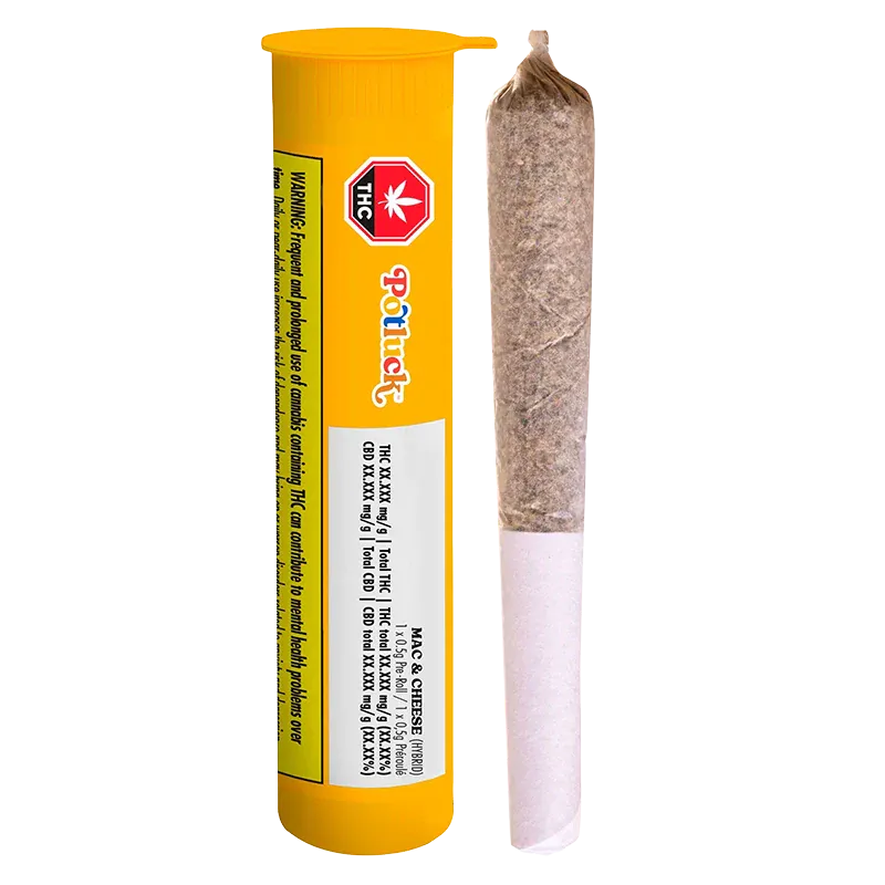 Vertical studio shot of the bright yellow Potluck Mac And Cheese PR 1 x 0.5 g tube standing beside the rolled joint.