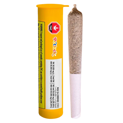 Vertical studio shot of the bright yellow Potluck Mac And Cheese PR 1 x 0.5 g tube standing beside the rolled joint.