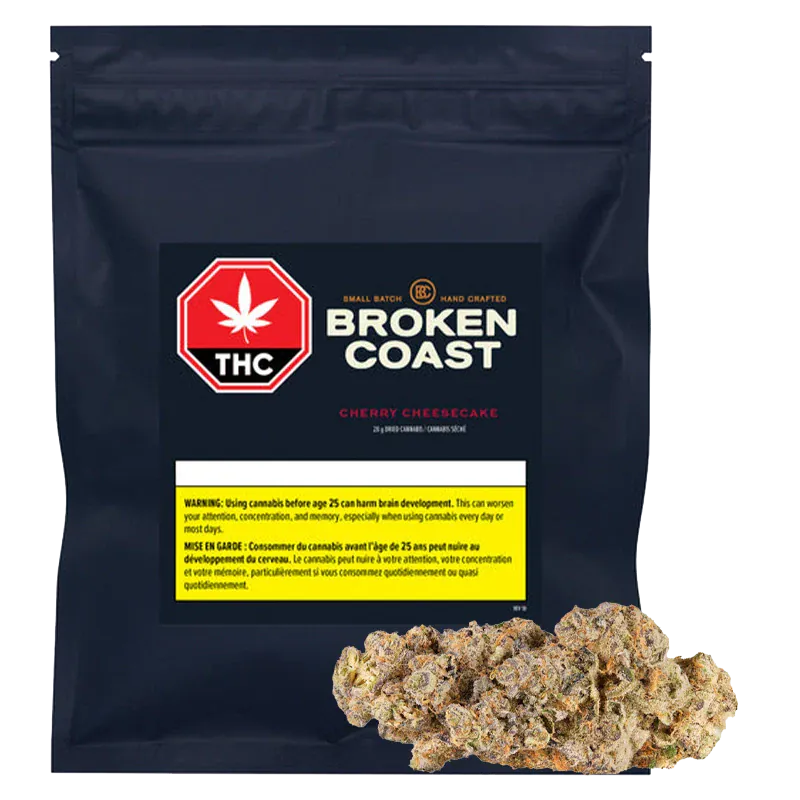 Front-facing black pouch labeled "Broken Coast Cherry Cheesecake" with a red THC stop sign logo and cannabis buds displayed at the base.