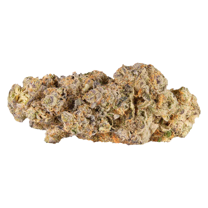 Close-up of a single dense Cherry Cheesecake bud showing frosty trichomes, purple and green tones, and orange hairs against a white background.