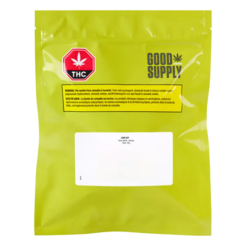Front-facing shot of the bright green "Jean Guy" pouch from Good Supply with a red THC stop sign logo and white label centered near the bottom.