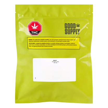 Front-facing shot of the bright green "Jean Guy" pouch from Good Supply with a red THC stop sign logo and white label centered near the bottom.