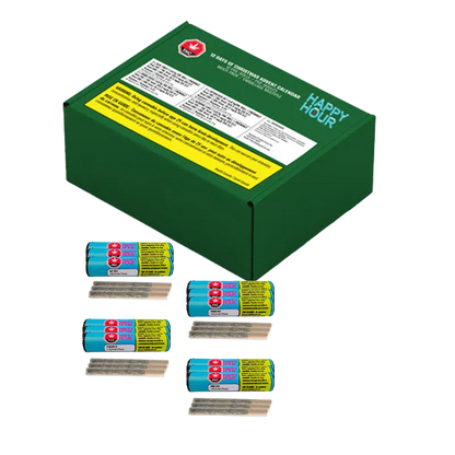 Angled view of the green Twelve Days of Christmas Advent Box PR 12 x 0.5 g with five blue-wrapped pre-rolls and exposed joints arranged in front.