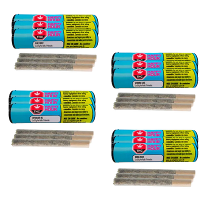 Top-down view of multiple blue tubes and loose pre-rolls arranged in a grid, showing the "Twelve Days of Christmas Advent Box PR 12 x 0.5 g" branding on the labels.
