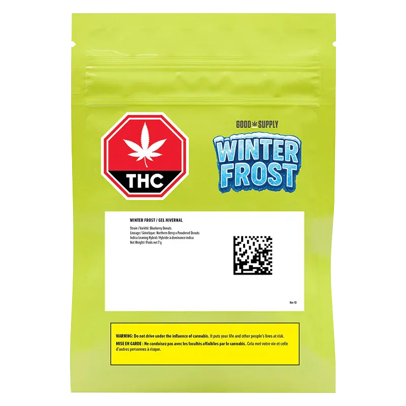 Front view of the bright green Good Supply Winter Frost pouch with bold blue logo, THC stop sign, and a white label with QR code.