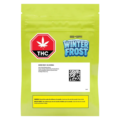 Front view of the bright green Good Supply Winter Frost pouch with bold blue logo, THC stop sign, and a white label with QR code.