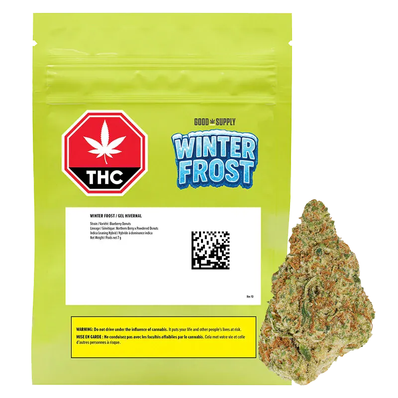 Front-facing lime-green pouch with a blue "Winter Frost" logo and THC label, shown beside a close-up nug of the Winter Frost 7 g.