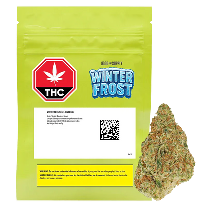 Front-facing lime-green pouch with a blue "Winter Frost" logo and THC label, shown beside a close-up nug of the Winter Frost 7 g.