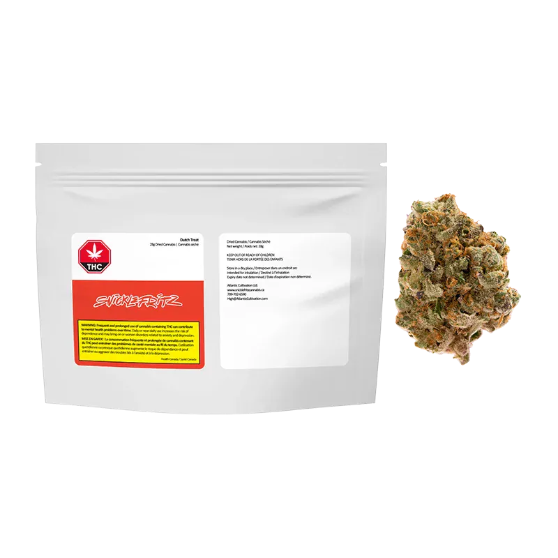 Front-facing white resealable pouch labeled "Dutch Treat" beside a close-up of a single frosty cannabis bud.