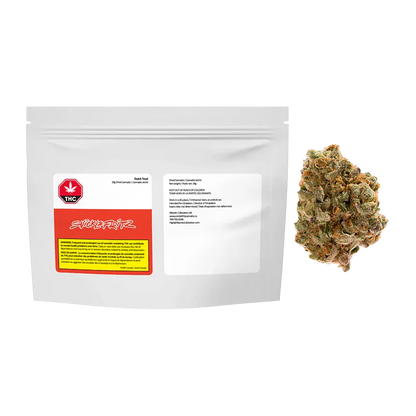 Front-facing white resealable pouch labeled "Dutch Treat" beside a close-up of a single frosty cannabis bud.