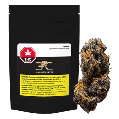 Front-facing black resealable pouch labeled Tagalongz with a close-up of a frosty purple and orange cannabis bud to its right.