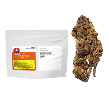 White resealable pouch with a labeled orange panel shown beside a close-up cannabis bud, labeled Guava Barz.