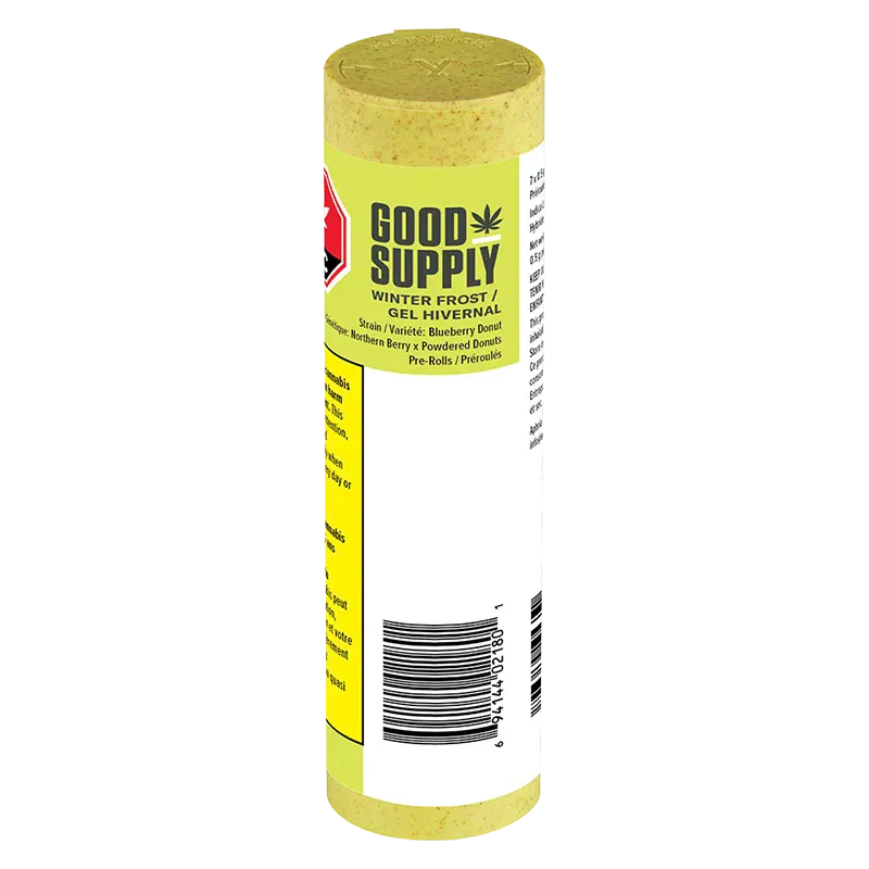 Front-facing cylindrical tube photographed against white, showing the label reading Good Supply Winter Frost PR 7 x 0.5 g with a barcode and yellow accents.