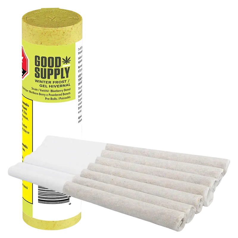 Angled view of a Good Supply Winter Frost PR 7 x 0.5 g tube standing behind a neat row of seven light gray pre-rolls on a white background
