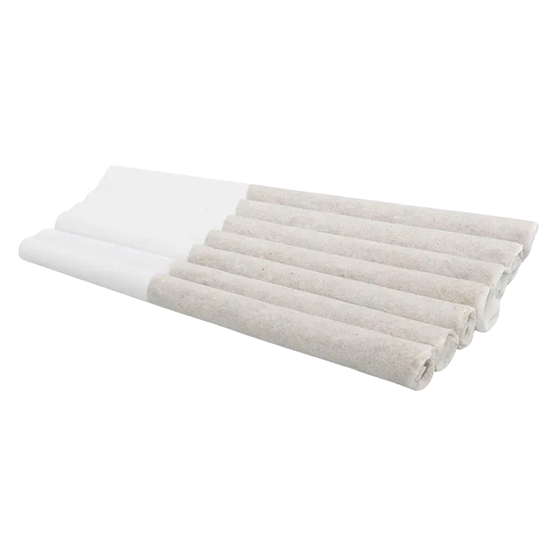 Angled close-up of eight rolled Winter Frost PR 7 x 0.5 g tubes laid side-by-side on a white background, showing textured paper and white filter ends