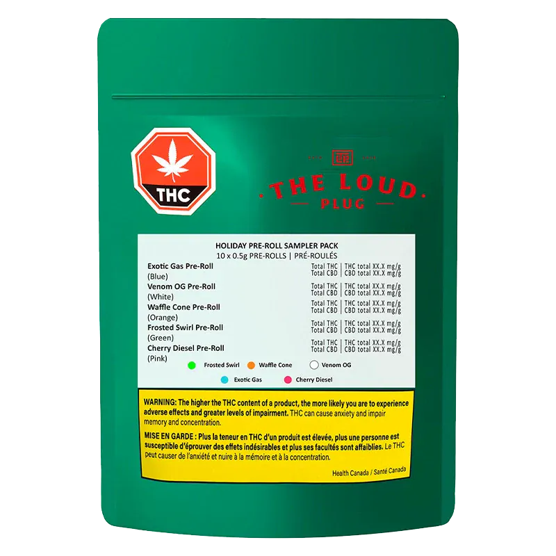 Front-facing photo of the green pouch packaging labeled "Holiday Sampler Pack PR 10 x 0.5 g" from The Loud Plug showing a white ingredient panel, THC symbol, and a yellow warning box.