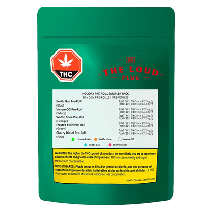 Front-facing photo of the green pouch packaging labeled "Holiday Sampler Pack PR 10 x 0.5 g" from The Loud Plug showing a white ingredient panel, THC symbol, and a yellow warning box.
