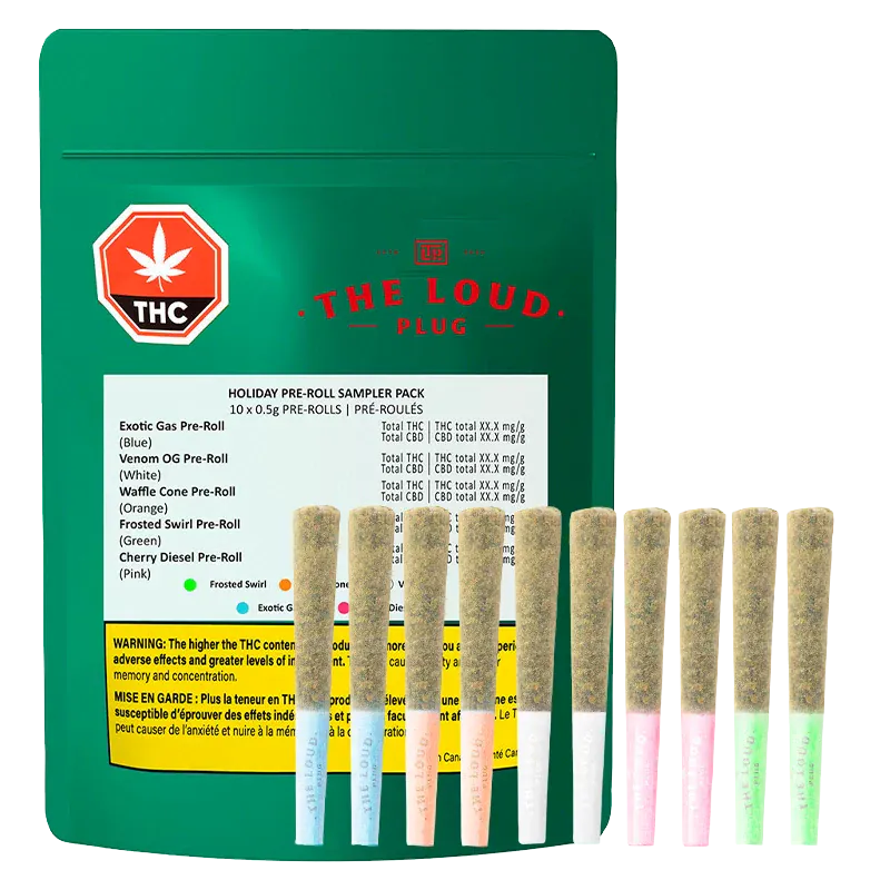 Front view of a green pouch and ten standing pre-rolls in a row, the Holiday Sampler Pack PR 10 x 0.5 g pouch behind them.