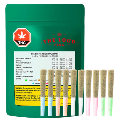 Front view of a green pouch and ten standing pre-rolls in a row, the Holiday Sampler Pack PR 10 x 0.5 g pouch behind them.