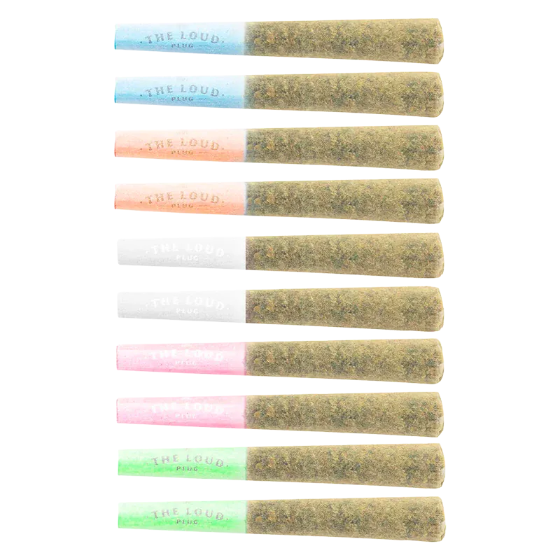 Top-down view of twelve pre-rolled joints with colored filters arranged in three neat columns, showing the Holiday Sampler Pack PR 10 x 0.5 g.