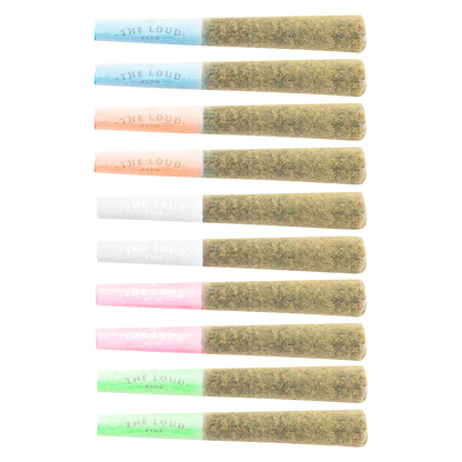 Top-down view of twelve pre-rolled joints with colored filters arranged in three neat columns, showing the Holiday Sampler Pack PR 10 x 0.5 g.