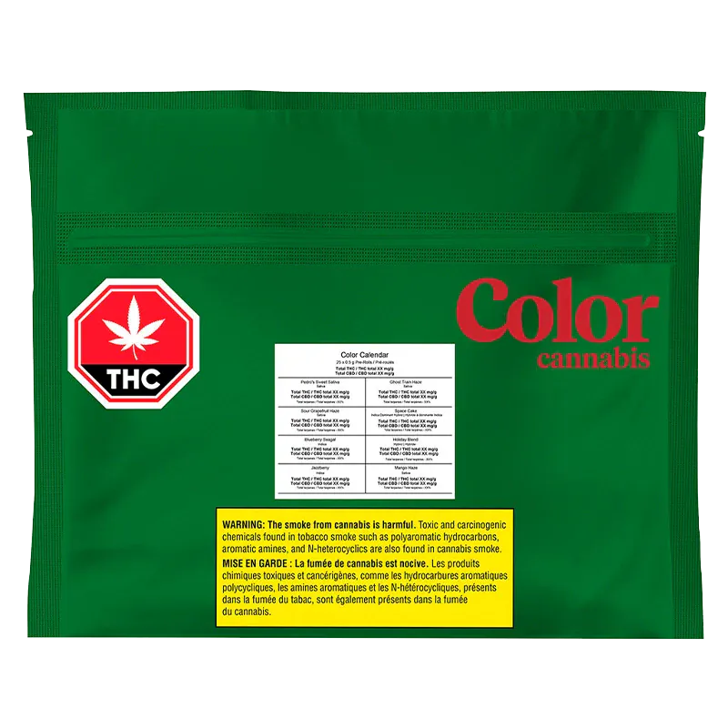 Flat front view of a green pouch labeled "Color Calendar PR 25 x 0.5 g" with red Color cannabis logo, THC symbol, white info panel and yellow warning box.