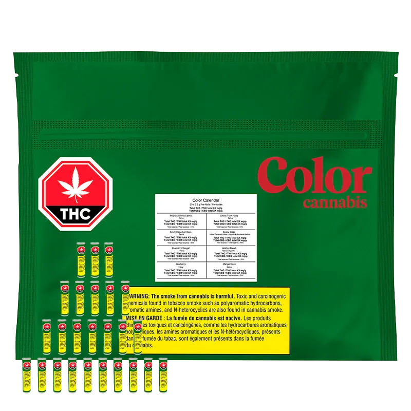 Flat front view of a green pouch with a white label and red "Color Calendar PR 25 x 0.5 g" branding, a THC stop sign, and small yellow tubes arranged along the bottom.