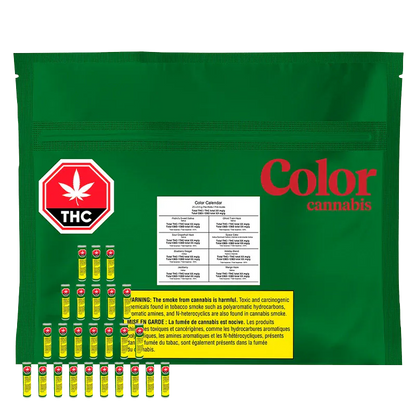 Flat front view of a green pouch with a white label and red "Color Calendar PR 25 x 0.5 g" branding, a THC stop sign, and small yellow tubes arranged along the bottom.