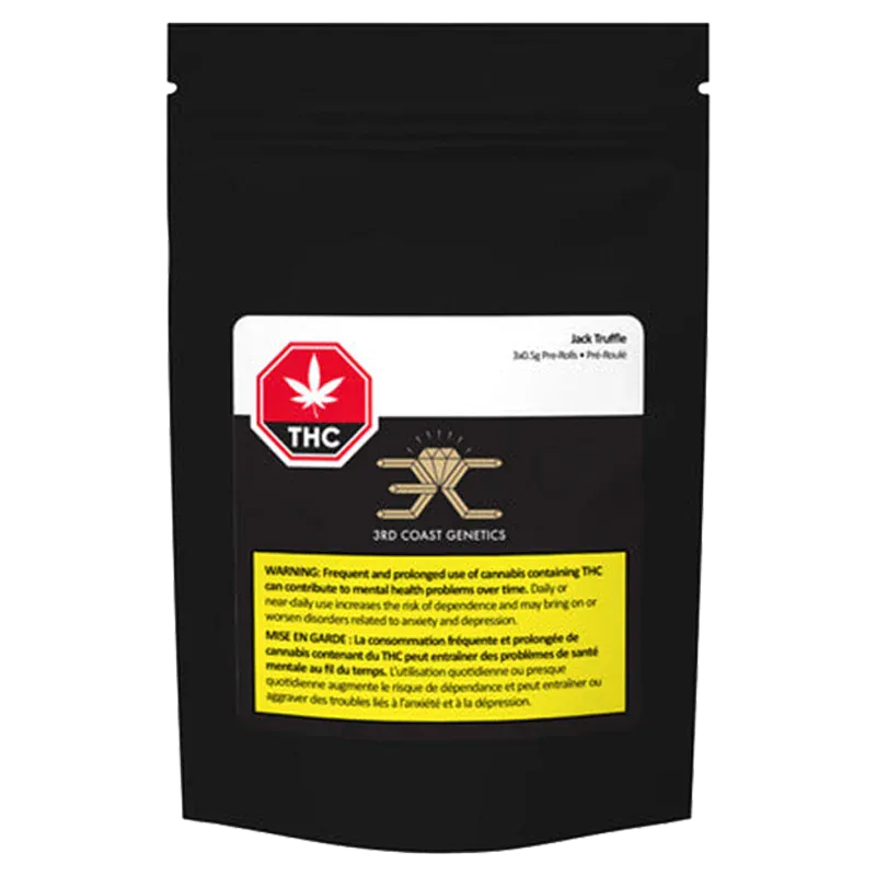 Front-facing photo of a black pouch labeled "Jack Truffle PR 3 x 0.5 g" with a white header, red THC octagon, gold logo, and yellow warning panel.