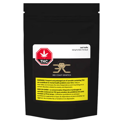 Front-facing photo of a black pouch labeled "Jack Truffle PR 3 x 0.5 g" with a white header, red THC octagon, gold logo, and yellow warning panel.